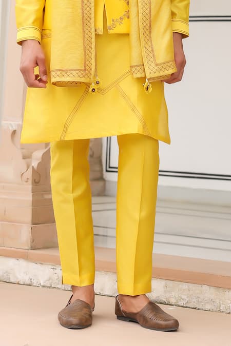 Shop Label Niti Bothra Yellow Chanderi Silk Embroidery Floral Bandi Kurta Set Online at Aza Fashions Shop_Label Niti Bothra_Yellow Chanderi Silk Embroidery Floral Bandi Kurta Set _Online_at_Aza_Fashions