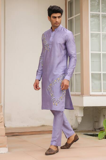 Label Niti Bothra_Purple Silk, Chanderi Embroidery Lilac Abstract Kurta Set _Online_at_Aza_Fashions