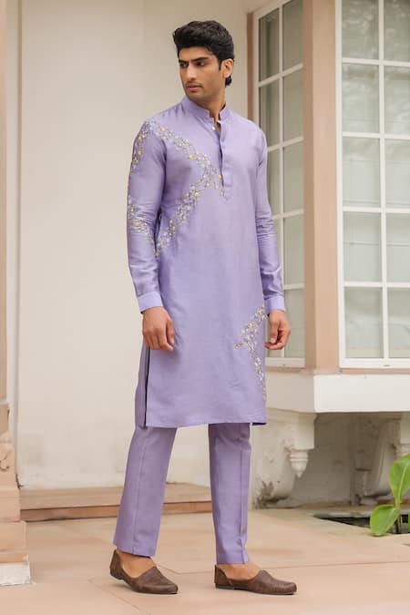 Buy_Label Niti Bothra_Purple Silk, Chanderi Embroidery Lilac Abstract Kurta Set _Online_at_Aza_Fashions