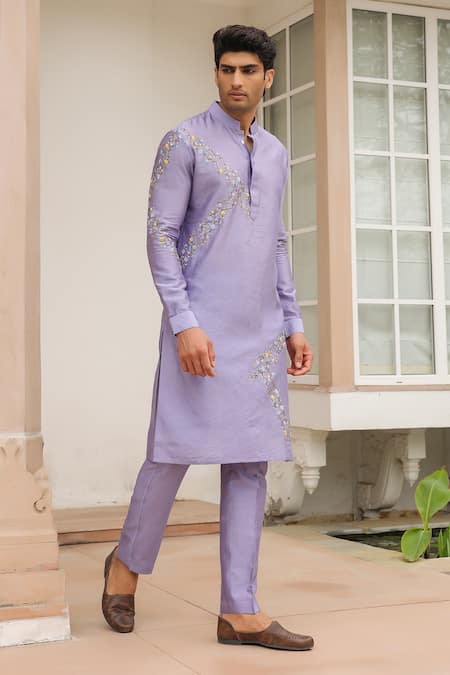Shop_Label Niti Bothra_Purple Silk, Chanderi Embroidery Lilac Abstract Kurta Set _Online_at_Aza_Fashions