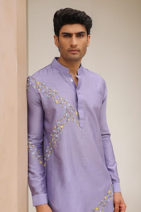 Label Niti Bothra_Purple Silk, Chanderi Embroidery Lilac Abstract Kurta Set _at_Aza_Fashions
