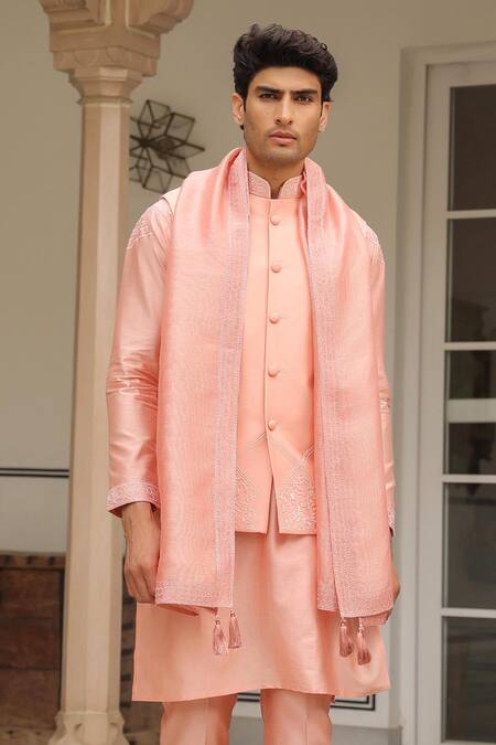 Buy_Label Niti Bothra_Pink Chanderi Silk Embroidery Floral Threadwork Bandi Kurta Set _Online_at_Aza_Fashions