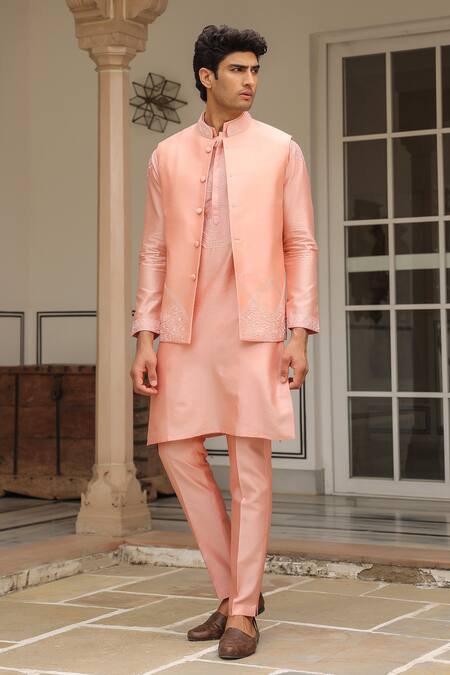 Buy_Label Niti Bothra_Pink Chanderi Silk Embroidery Floral Threadwork Bandi Kurta Set 