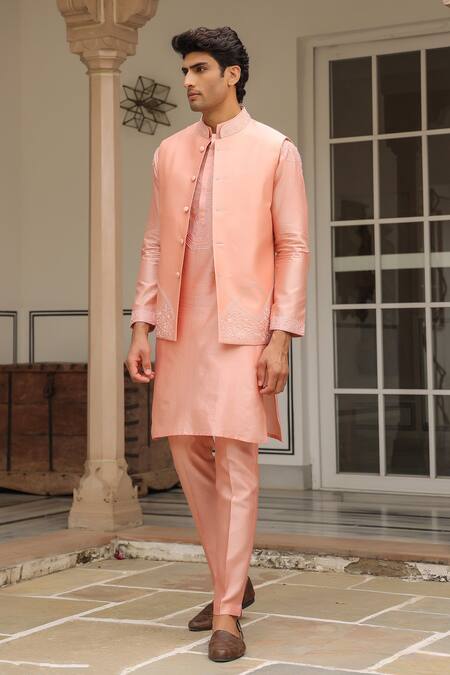 Shop_Label Niti Bothra_Pink Chanderi Silk Embroidery Floral Threadwork Bandi Kurta Set 