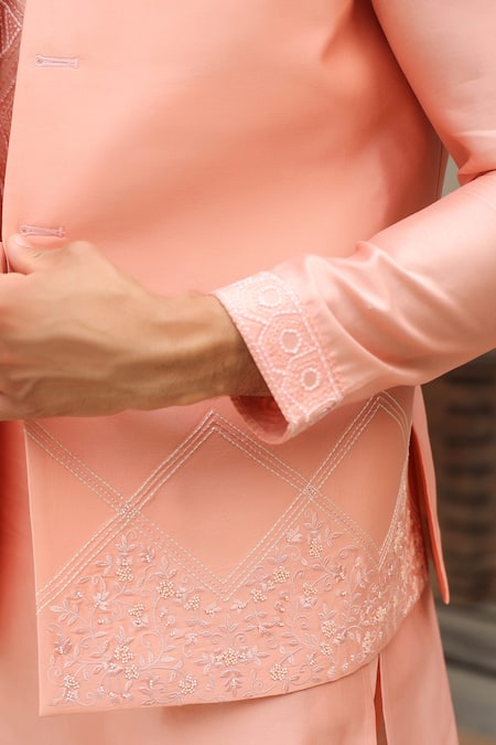 Label Niti Bothra_Pink Chanderi Silk Embroidery Gulzar Peach Floral Threadwork Bandi _Online_at_Aza_Fashions