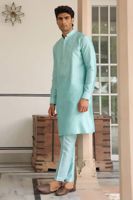 Label Niti Bothra_Blue Chanderi Silk Embroidery Light Floral Kurta Set _Online_at_Aza_Fashions