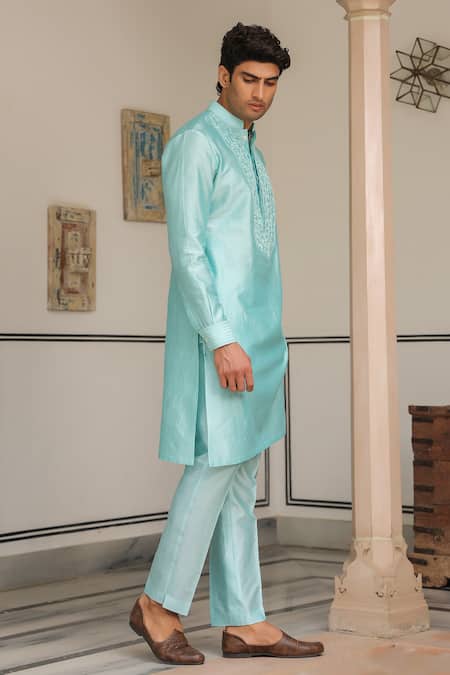 Buy_Label Niti Bothra_Blue Chanderi Silk Embroidery Light Floral Kurta Set _Online_at_Aza_Fashions