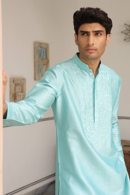 Shop_Label Niti Bothra_Blue Chanderi Silk Embroidery Light Floral Kurta Set _Online_at_Aza_Fashions