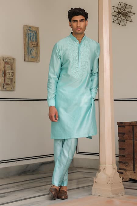 Buy_Label Niti Bothra_Blue Chanderi Silk Embroidery Light Floral Kurta Set 