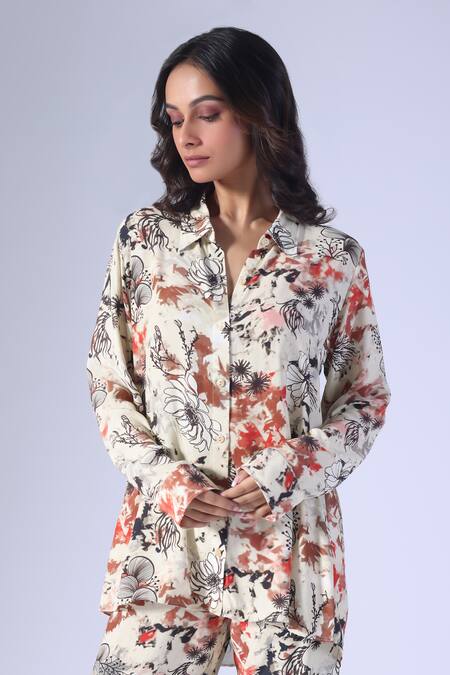 Buy_Klad_Beige Crepe Collared Seagrass Printed Coordinated Set_Online_at_Aza_Fashions