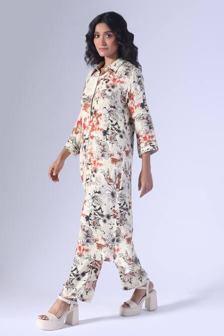 Klad_Beige Crepe Collared Seagrass Printed Long Coordinated Set_Online_at_Aza_Fashions