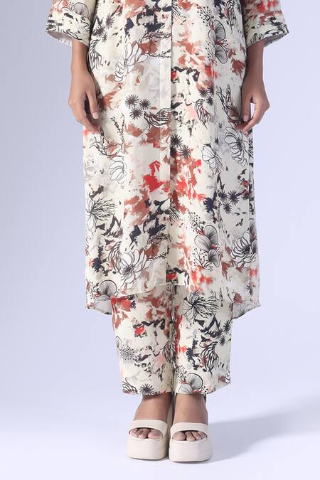 Buy_Klad_Beige Crepe Collared Seagrass Printed Long Coordinated Set_Online_at_Aza_Fashions
