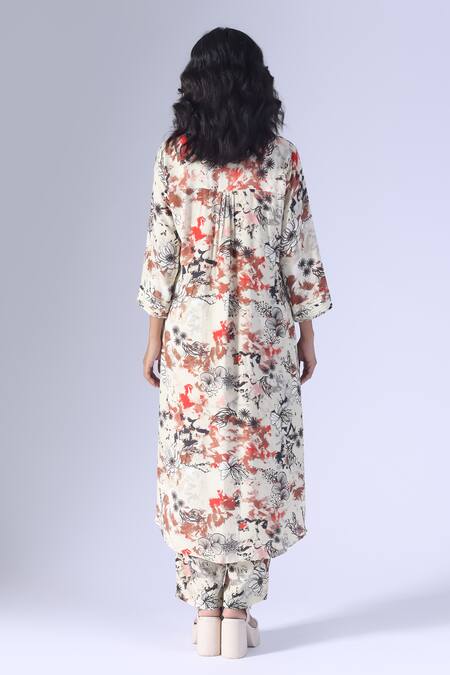 Shop_Klad_Beige Crepe Collared Seagrass Printed Long Coordinated Set_at_Aza_Fashions