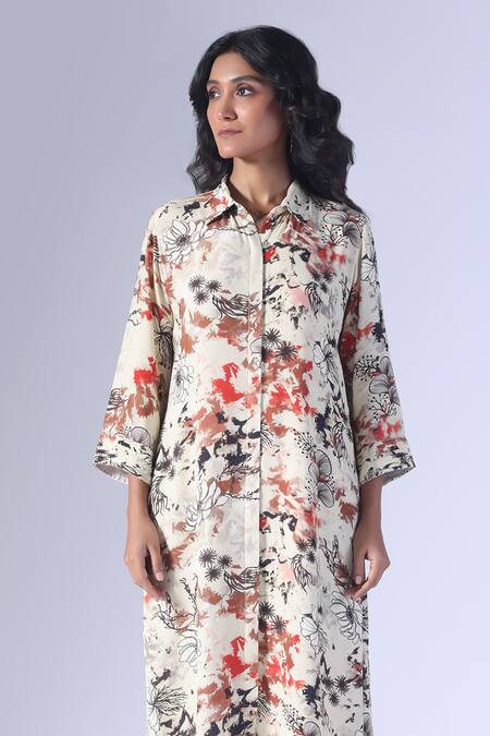 Shop_Klad_Beige Crepe Collared Seagrass Printed Long Coordinated Set_Online_at_Aza_Fashions