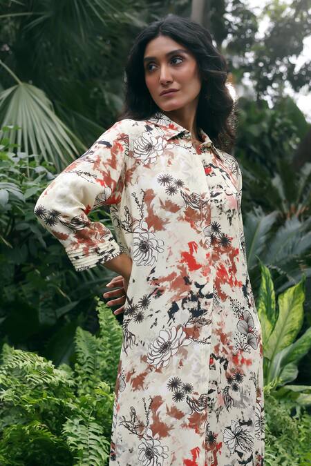 Shop_Klad_Beige Crepe Collared Printed Long Dress With Belt_Online_at_Aza_Fashions