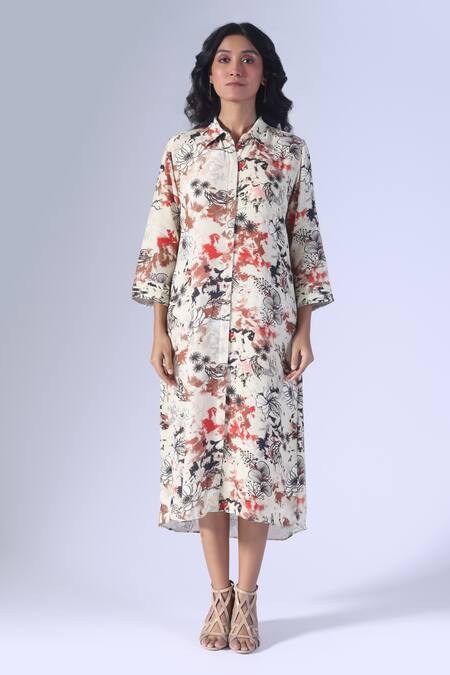 Klad_Beige Crepe Collared Printed Long Dress With Belt_at_Aza_Fashions