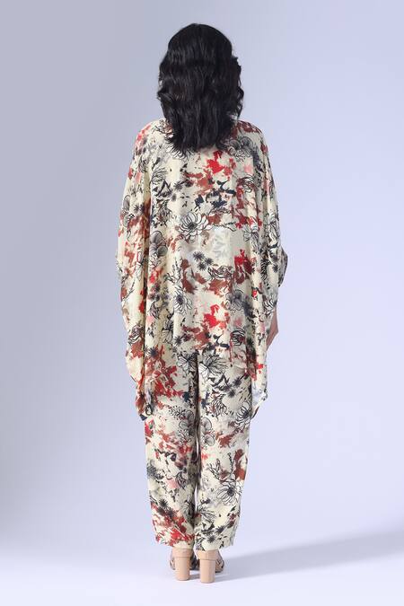 Shop_Klad_Beige Crepe V-neck Seagrass Printed Kaftan Set_at_Aza_Fashions