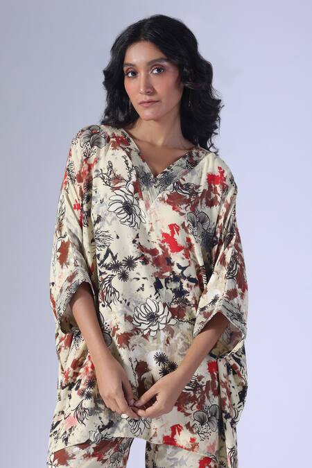 Buy_Klad_Beige Crepe V-neck Seagrass Printed Kaftan Set_Online_at_Aza_Fashions