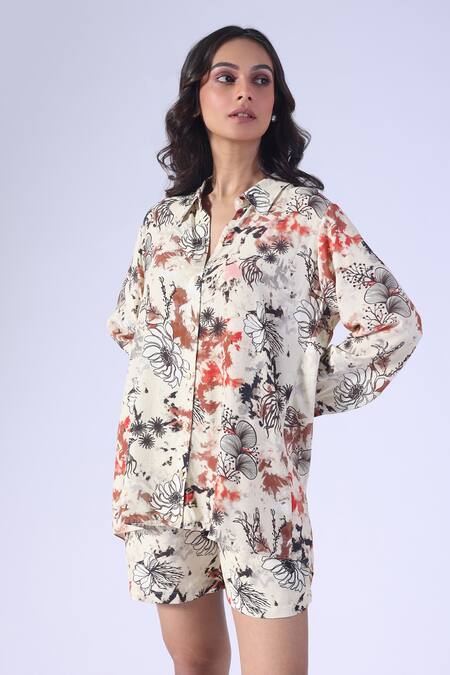 Buy_Klad_Beige Crepe Collared Floral Printed Shirt And Shorts Set_Online_at_Aza_Fashions