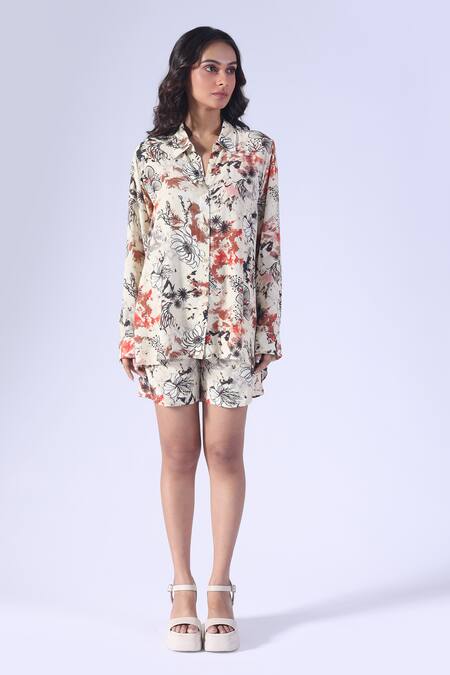 Klad_Beige Crepe Collared Floral Printed Shirt And Shorts Set_at_Aza_Fashions