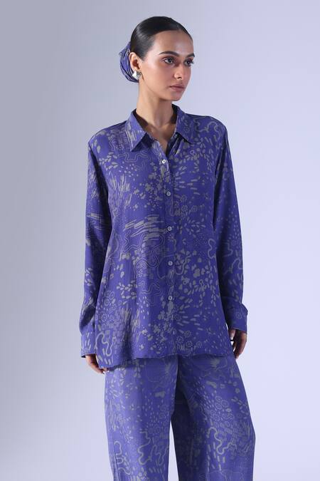 Klad_Blue Crepe Collared Botanic Print Coordinated Set_Online_at_Aza_Fashions