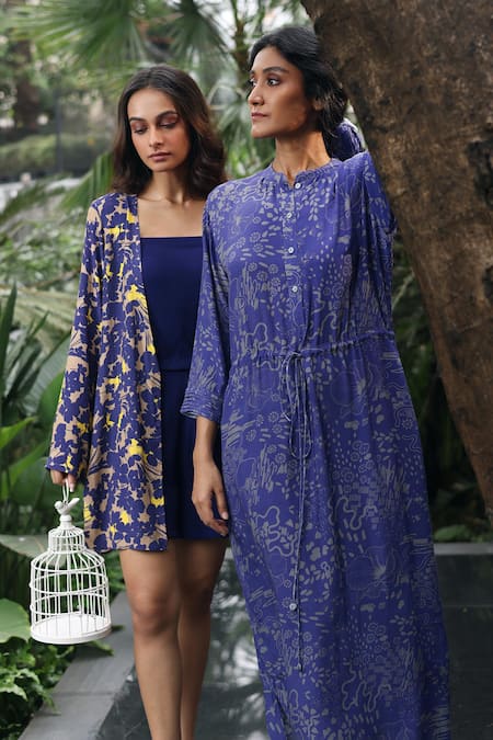 Klad_Blue Crepe Mandarin Collar Botanic Printed Long Dress_Online_at_Aza_Fashions