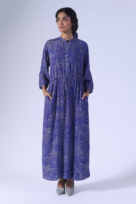 Buy_Klad_Blue Crepe Mandarin Collar Botanic Printed Long Dress_Online_at_Aza_Fashions