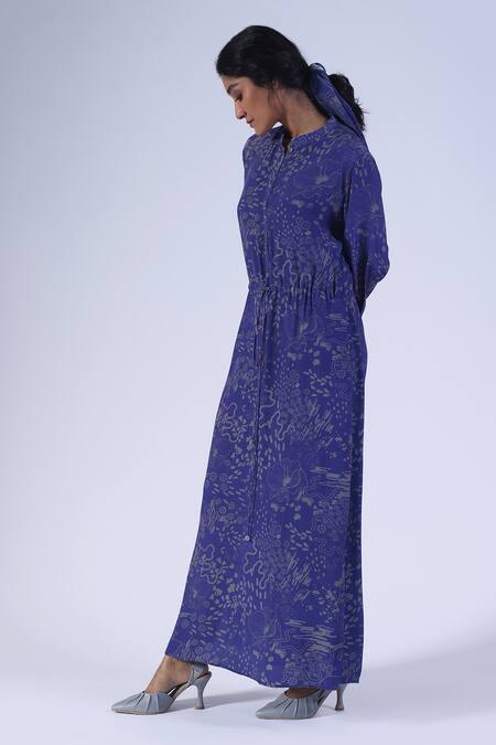Shop_Klad_Blue Crepe Mandarin Collar Botanic Printed Long Dress_Online_at_Aza_Fashions