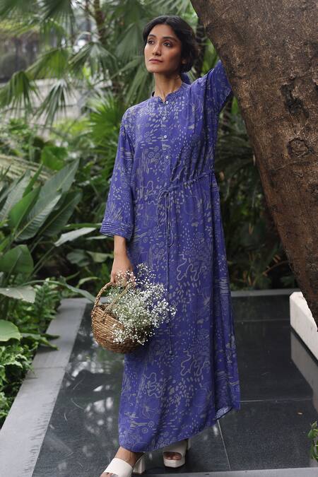 Klad_Blue Crepe Mandarin Collar Botanic Printed Long Dress_at_Aza_Fashions