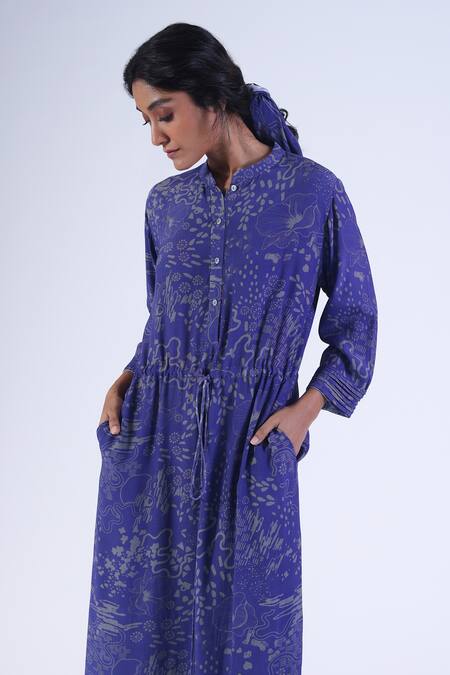 Buy_Klad_Blue Crepe Mandarin Collar Botanic Printed Long Dress