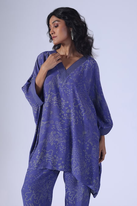 Klad_Blue Crepe, Mohair V-neck Botanic Print Kaftan Set_Online_at_Aza_Fashions