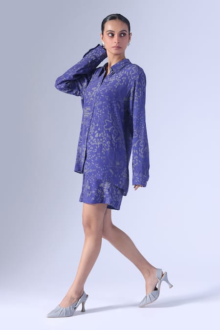 Buy_Klad_Blue Crepe Collared Botanic Print Shirt And Shorts Set_Online_at_Aza_Fashions
