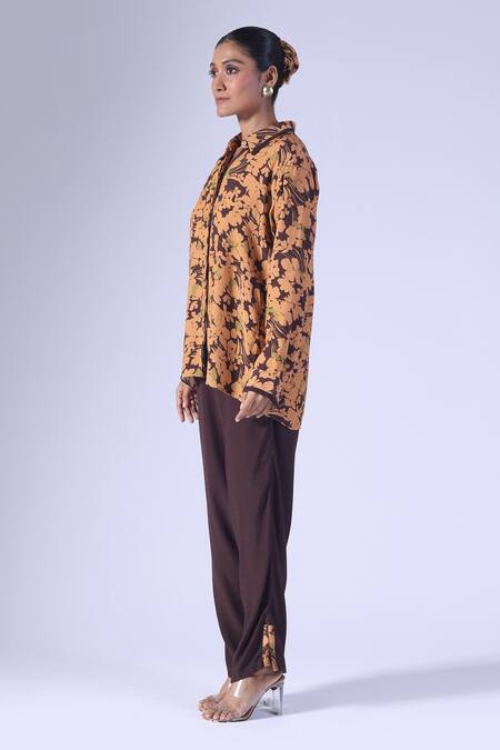 Shop_Klad_Spring Printed Shirt And Solid Brown Pants Set_at_Aza_Fashions