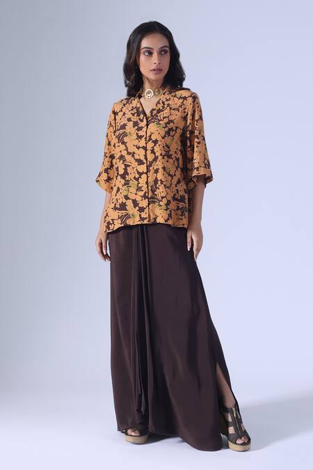 Klad_Floral Print Brown Skirt Set_at_Aza_Fashions