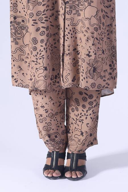 Klad_Brown Crepe Collared Botanic Printed Long Coordinated Set_Online_at_Aza_Fashions