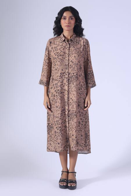 Klad_Brown Crepe Button-down Neck Botanic Printed Long Shirt Dress_Online_at_Aza_Fashions