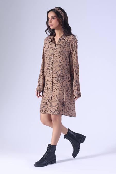 Klad_Brown Crepe Collared Botanic Print Shirt Dress_Online_at_Aza_Fashions