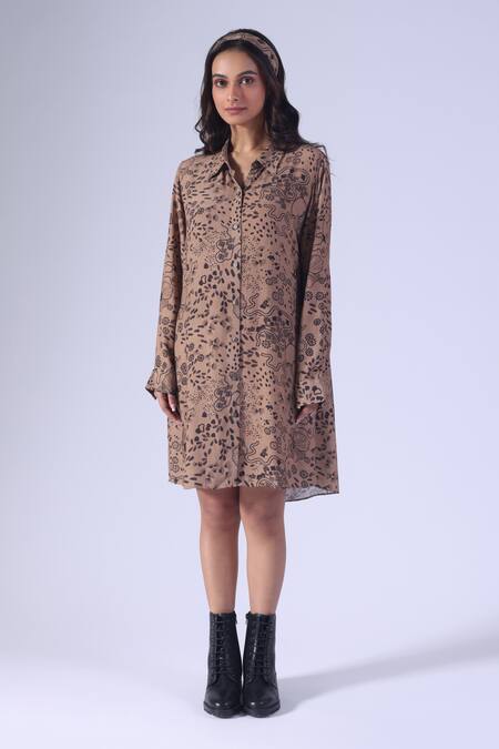 Buy_Klad_Brown Crepe Collared Botanic Print Shirt Dress_Online_at_Aza_Fashions