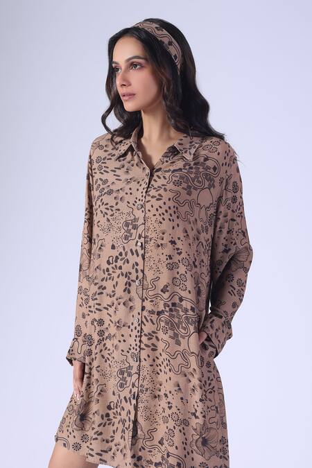 Shop_Klad_Brown Crepe Collared Botanic Print Shirt Dress_Online_at_Aza_Fashions