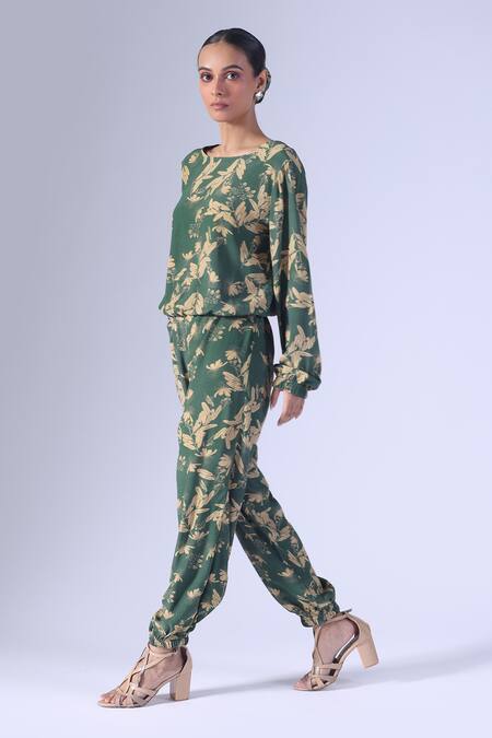 Klad_Green Mohair, Crepe Round Neck Beetle Print Jogger Set_Online_at_Aza_Fashions