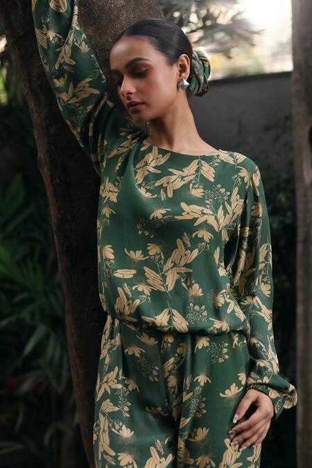 Klad_Green Mohair, Crepe Round Neck Beetle Print Jogger Set_at_Aza_Fashions