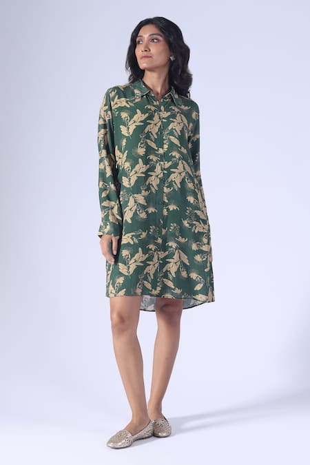 Klad_Green Crepe Collared Printed Beetle Shirt Dress_Online_at_Aza_Fashions