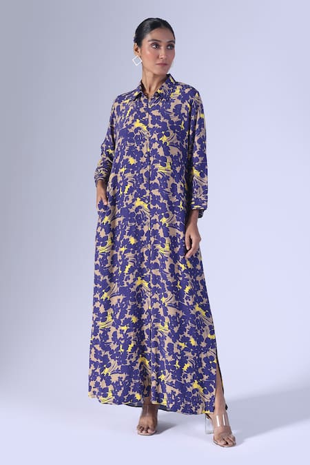 Klad_Navy Crepe Collared Printed Long Dress_Online_at_Aza_Fashions