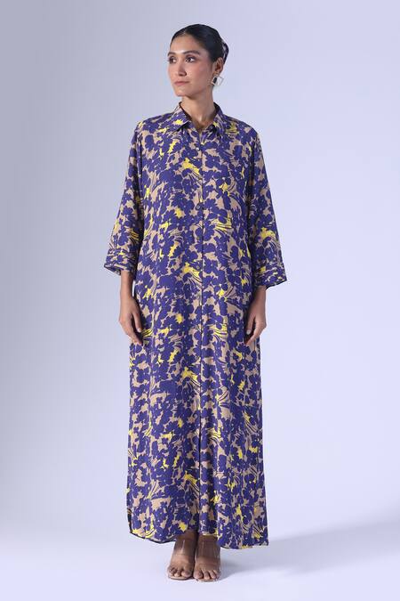 Buy_Klad_Navy Crepe Collared Printed Long Dress_Online_at_Aza_Fashions