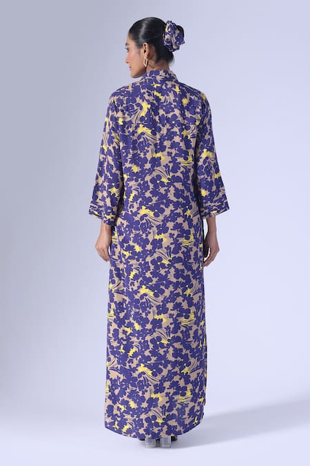 Shop_Klad_Navy Crepe Collared Printed Long Dress_at_Aza_Fashions
