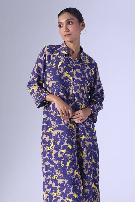 Shop_Klad_Navy Crepe Collared Printed Long Dress_Online_at_Aza_Fashions