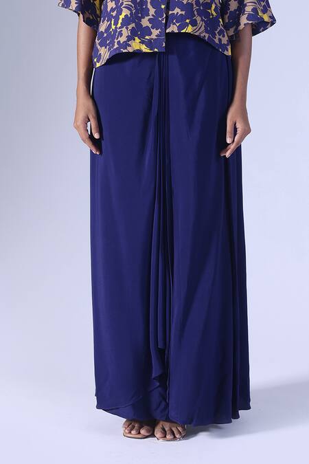 Klad_Navy Crepe Round Neck Asymmetrical Printed Top And Draped Skirt Set_Online_at_Aza_Fashions