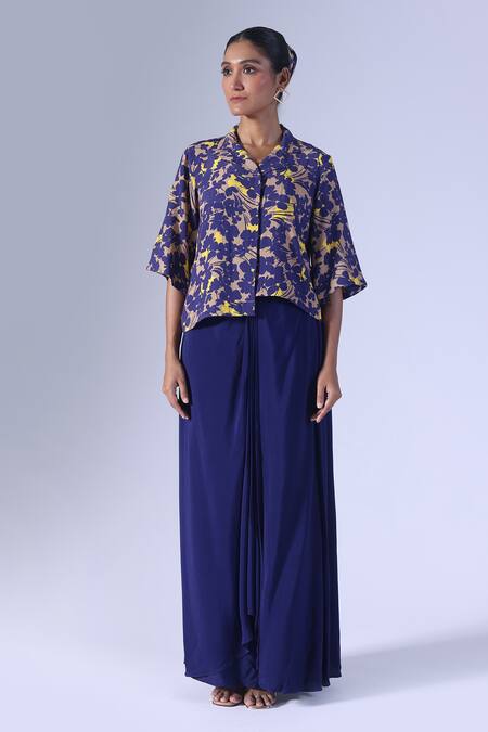 Buy_Klad_Navy Crepe Round Neck Asymmetrical Printed Top And Draped Skirt Set_Online_at_Aza_Fashions