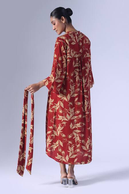 Shop_Klad_Red Crepe Mandarin Collar Printed High Low Dress_at_Aza_Fashions