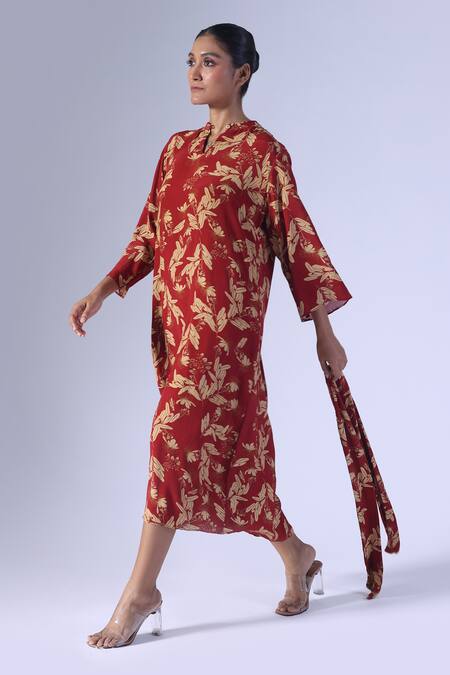Buy_Klad_Red Crepe Mandarin Collar Printed High Low Dress_Online_at_Aza_Fashions